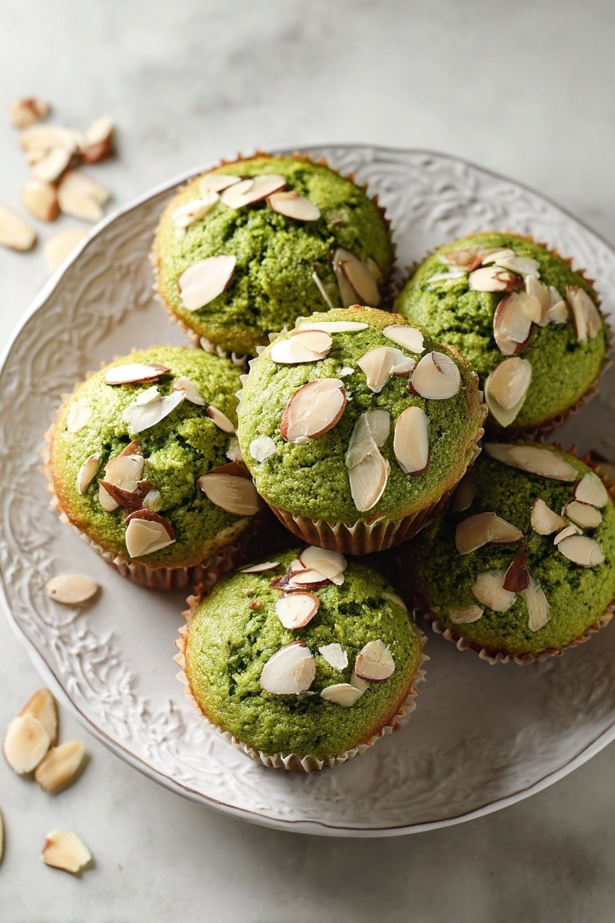 There are six green muffins on an ornate white plate with a soft brown edge, each muffin topped with light brown, thin almond slices scattered unevenly. The muffins have a slightly rough, bumpy texture with a golden brown base and a green dome-shaped top. The plate sits on a white marbled texture surface, with a few almond slices scattered around it. Photo taken with an iphone --ar 2:3 --v 7