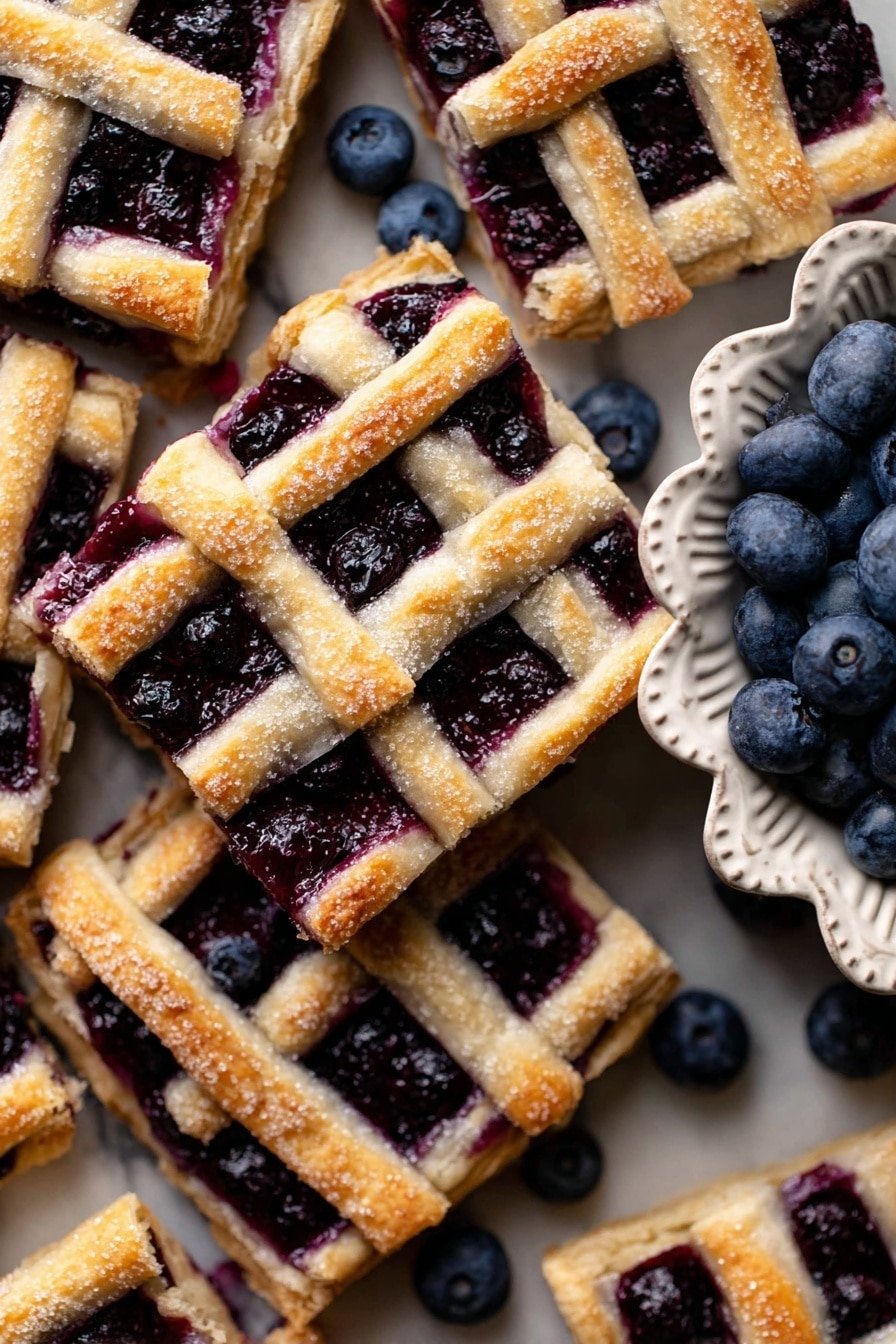 The image shows square blueberry pastries with a golden, flaky lattice crust on top, arranged closely together on a white marbled surface. Each square features a deep purple, glossy blueberry filling, visible through the crisscrossed dough strips. Scattered around the pastries are fresh whole blueberries, some on and some beside the treats. On the right side, there is an ornate white bowl filled with fresh blueberries, providing a contrast in texture and color. The pastries have a light sheen, possibly from sugar sprinkled on the crust, giving a slight sparkle effect. photo taken with an iphone --ar 2:3 --v 7