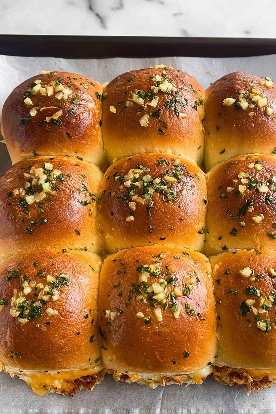 The image shows nine golden brown soft bread rolls arranged closely together in a 3 by 3 grid, resting on white parchment paper placed over a dark tray. Each roll is topped with small pieces of chopped garlic and finely chopped green herbs, giving a textured look to the shiny crusts. Between the rolls, there is visible melted cheese and bits of browned filling peeking out, suggesting a gooey, rich inside. The whole scene is set against a white marbled surface. photo taken with an iphone --ar 2:3 --v 7
