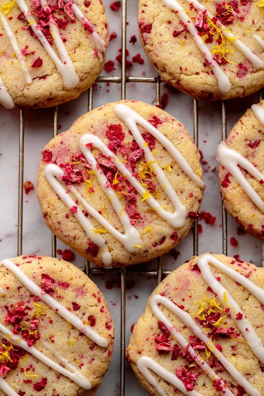 The image shows two large cookies stacked on a cooling rack over a white marbled surface, with the top cookie broken in half, revealing a soft, crumbly inside mixed with red bits. The cookies are light brown with a slightly rough texture and studded with small bright red pieces that look like dried fruit. Both cookies are decorated with thin white icing drizzled across the top in wavy lines, and sprinkled with small yellow and red fragments, adding color contrast on top. The background is softly blurred but stays within warm tones, emphasizing the cookies in the foreground. Photo taken with an iphone --ar 2:3 --v 7