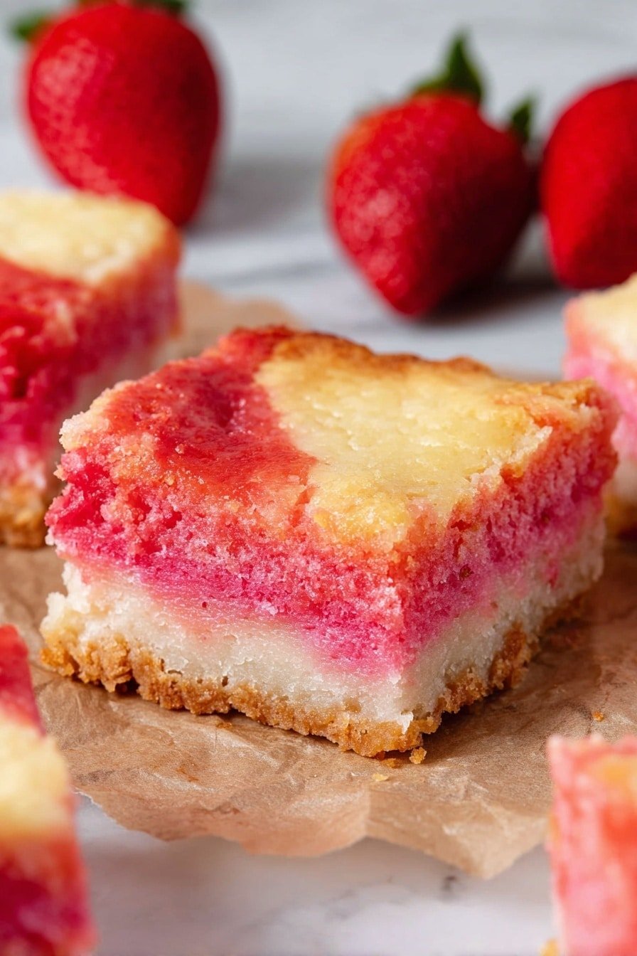 The image shows a close-up of a square slice of two-layered dessert on crumpled brown parchment paper with two whole strawberries in the background on a white marbled surface. The bottom layer is thick, soft, and pink with a moist texture, while the top layer is thin, creamy, and light golden with a slightly browned, smooth surface. The edges of the slice have a rough, crumbly look, and parts of more dessert pieces are blurred in the front right and left corners. Photo taken with an iphone --ar 2:3 --v 7