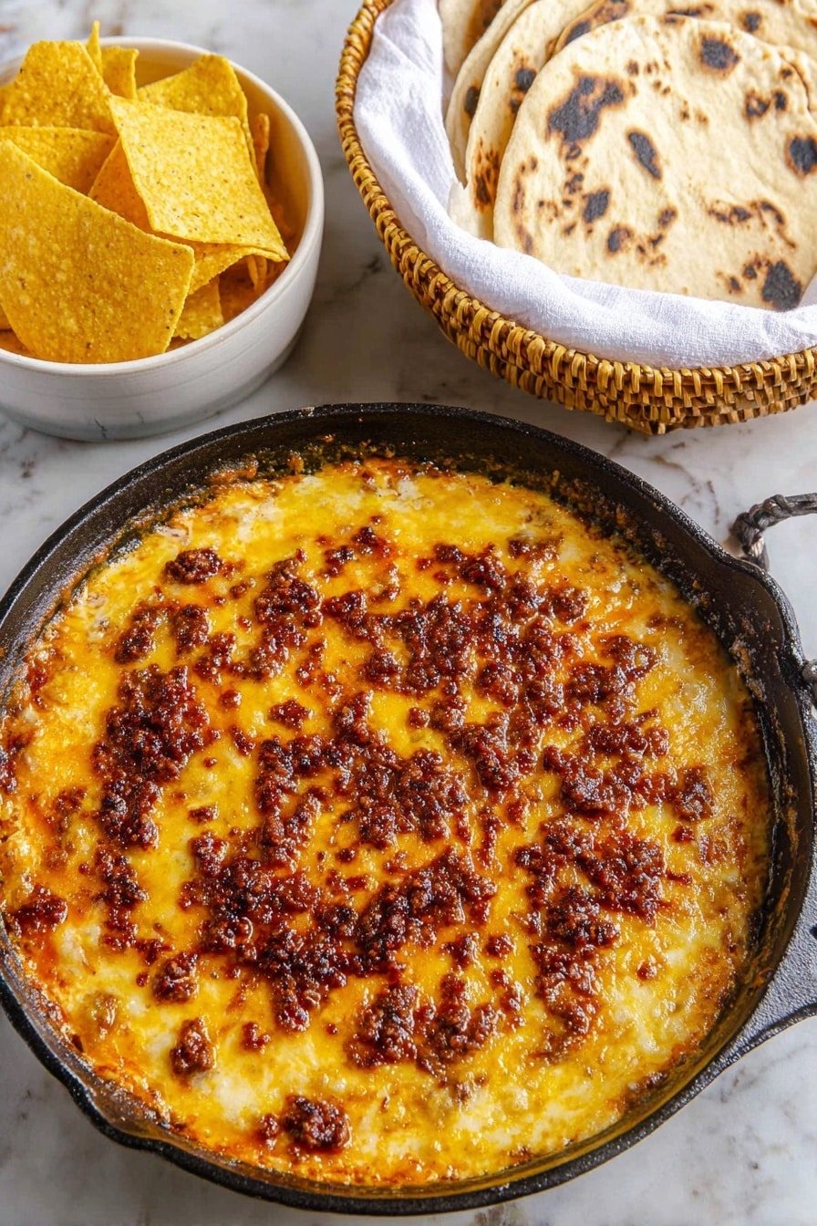 A black skillet filled with a thick, melted cheese layer that is golden yellow with browned, crispy spots of reddish-brown bits spread unevenly on top, hinting at spices or cooked peppers within. To the upper left, a white bowl with colorful painted patterns holds a mound of yellow tortilla chips, and to the upper right, a white woven basket lined with a white cloth contains a stack of lightly charred flour tortillas. All items rest on a white marbled surface. photo taken with an iphone --ar 2:3 --v 7