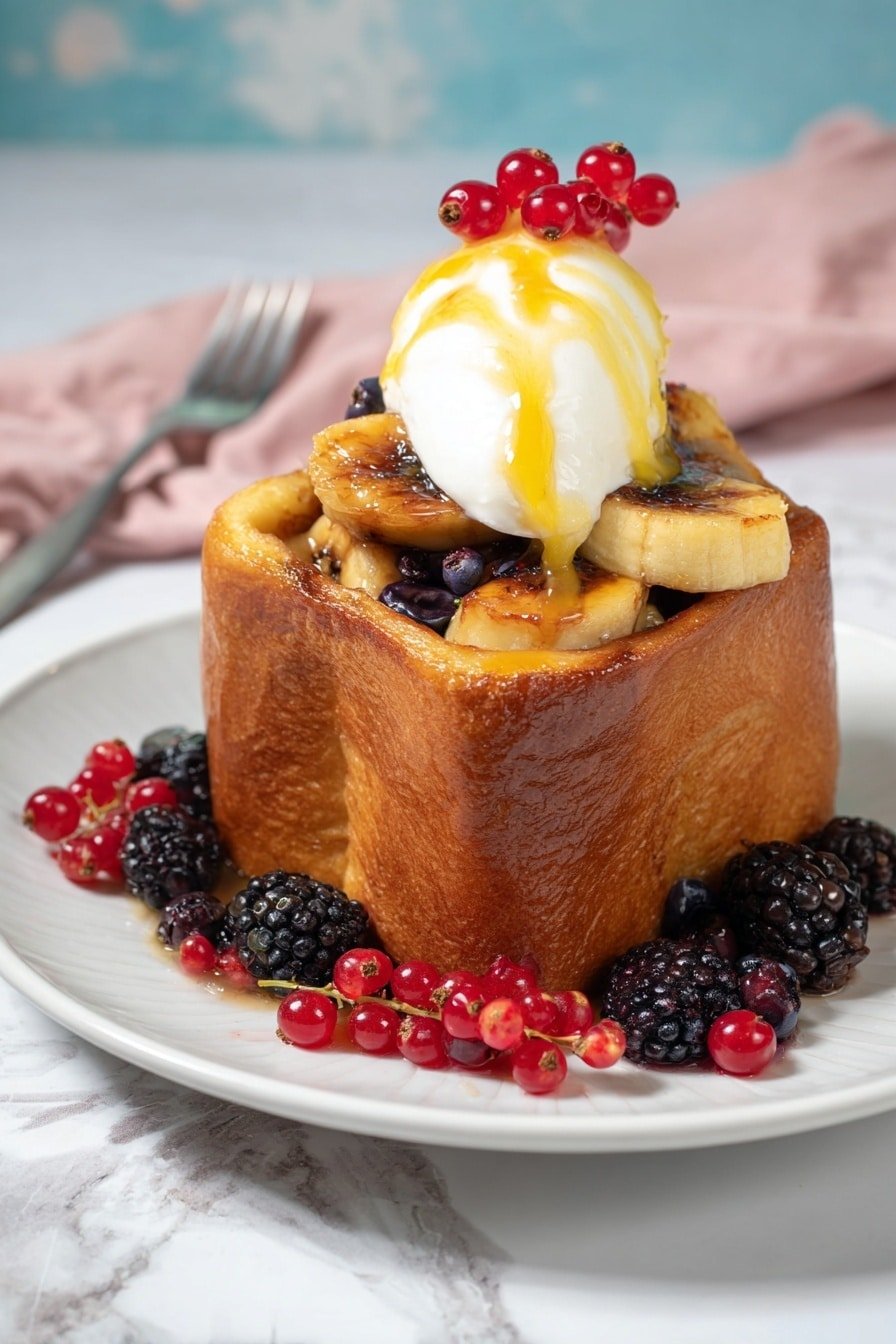 A thick, square-shaped golden-brown toasted bread forms the base, filled with a mix of caramelized banana slices and small blueberries. On top, there is a smooth, white cream dollop with a drizzle of yellow syrup and small red berries decorating it. Around the bread on a white plate, scattered blackberries and red currants add color and texture. The whole dish sits on a white marbled surface, and a fork lies blurred in the background. Photo taken with an iphone --ar 2:3 --v 7