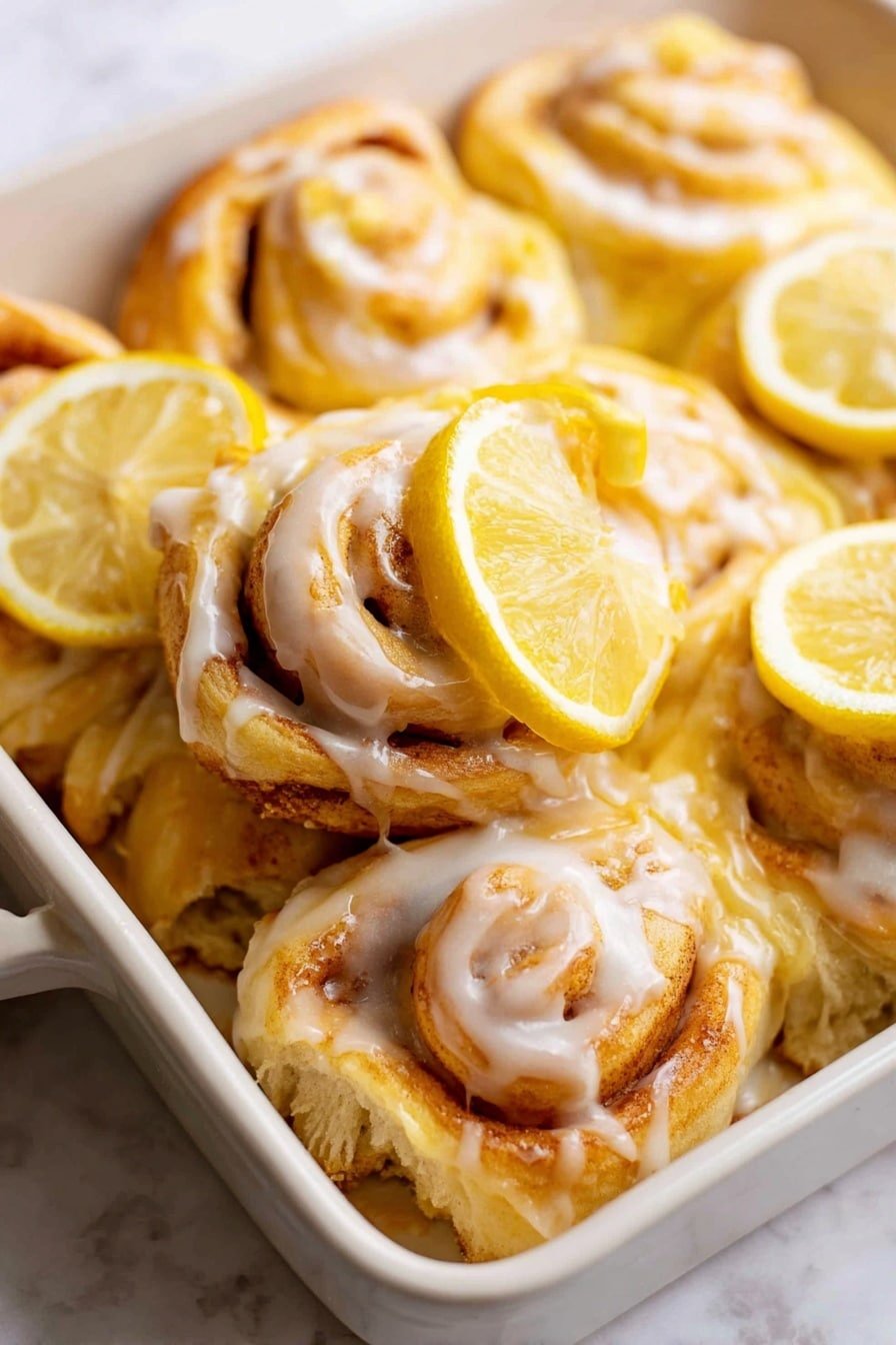 The image shows a white baking dish filled with several lemon roll buns arranged closely together. Each roll has a light golden brown spiral dough layer, topped with a creamy yellow lemon glaze that looks smooth and shiny, and a white icing drizzled lightly over the top. The buns have a soft, fluffy texture with visible layers of dough. Thin lemon slices with bright yellow rinds and pale yellow interiors lay on top of some rolls, adding a fresh look. The dish is placed on a white marbled surface that creates a clean, bright background. Photo taken with an iphone --ar 2:3 --v 7