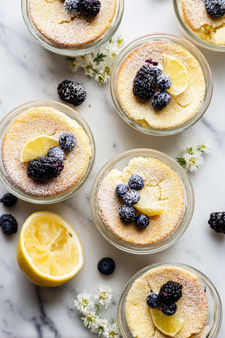 Seven small round glass bowls each hold a single golden-brown soft cake with a cracked top dusted with powdered sugar. On top of each cake, there are small fresh berries—either blackberries with deep dark purple color or blueberries with a rich blue hue—and some have a small wedge of bright yellow lemon. The bowls are placed on a white marbled surface with light grey veins, alongside a halved lemon showing a vivid yellow interior and small white flowers scattered around. The overall look is fresh, light, and inviting. photo taken with an iphone --ar 2:3 --v 7