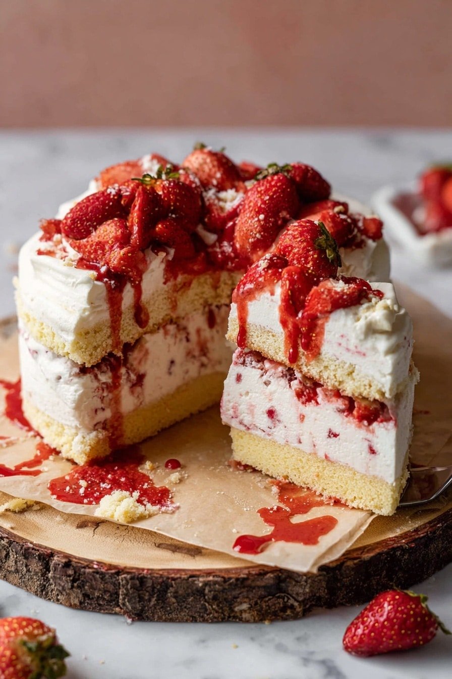 The image shows a round cake with three visible layers placed on a piece of parchment on a tree slice board, set on a white marbled surface. The bottom layer is a pale yellow sponge cake, topped with a thick white creamy layer with tiny red specks inside, followed by a thin layer of crumbs and another creamy white layer. The top layer is thick white cream with whole fresh red strawberries piled on top, some strawberries dripping red syrup down the side. A slice is cut and set in front of the cake, showing the layers clearly with some cream melting down the side. There are crumbs and pieces of strawberries scattered around the base on the white marbled surface. Photo taken with an iphone --ar 2:3 --v 7