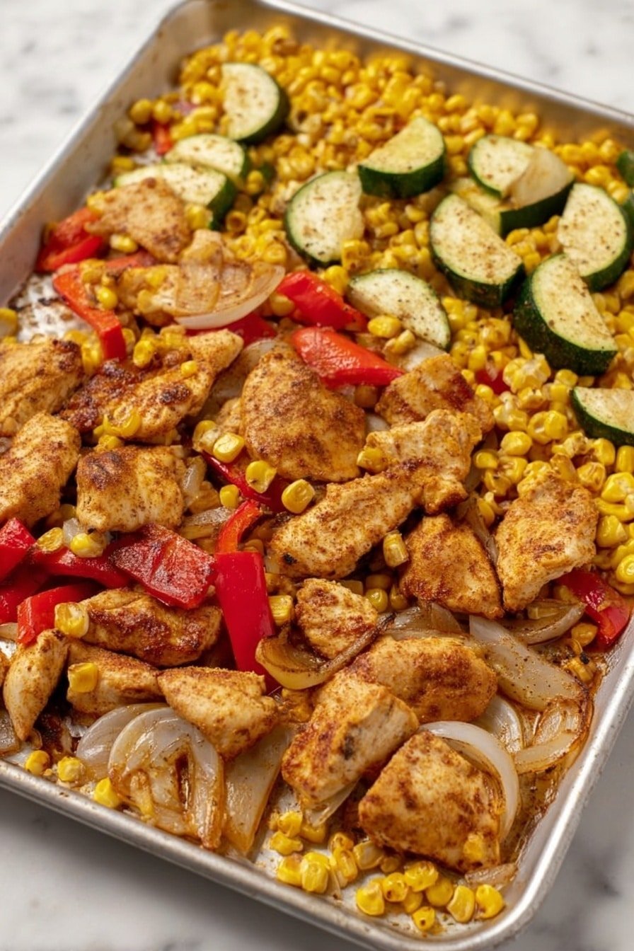 A close-up of a baking tray filled with cooked seasoned chicken pieces in the lower left center, showing a light brown color and slightly crispy texture. To the right of the chicken pieces, there is a pile of bright yellow cooked corn kernels. Above the chicken are slices of cooked red bell peppers and red onions, with a few green zucchini slices mixed in, all slightly charred and arranged loosely. The tray rests on a white marbled surface. photo taken with an iphone --ar 2:3 --v 7