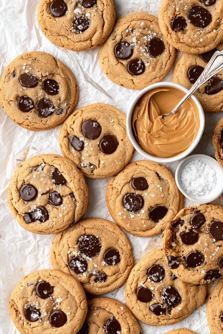 The image shows many round chocolate chip cookies with a light golden brown color and large, dark chocolate chunks scattered on top, some slightly melted. Each cookie has a slightly cracked, rough texture and is sprinkled with a small amount of coarse salt crystals. The cookies are placed on crumpled white parchment paper that rests on a white marbled surface. In the middle of the cookies, there is a small white bowl filled with smooth, light brown peanut butter with a silver spoon inside, and another tiny white bowl containing coarse salt flakes. The overall look is warm and inviting, highlighting the contrast between the chocolate, cookies, and salt. Photo taken with an iphone --ar 2:3 --v 7