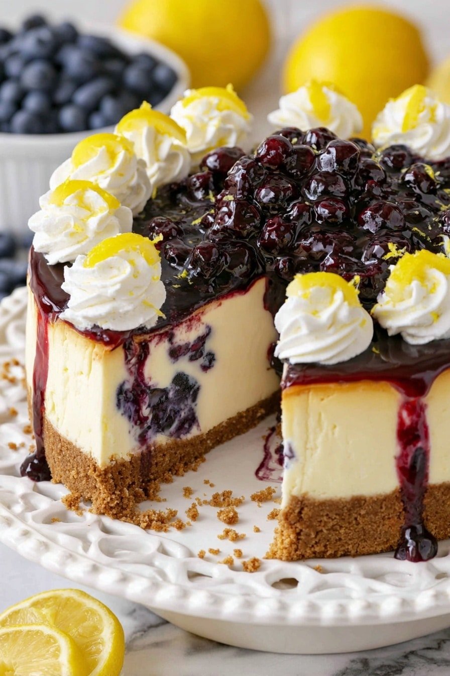 The image shows a blueberry cheesecake with three main layers on an ornate white plate set on a white marbled texture. The bottom layer is a thick, crumbly brown crust. Above that is the creamy, off-white cheesecake layer, dotted with blueberries inside. The top layer is a shiny, dark blue-purple blueberry topping with whole blueberries and a drizzle of sauce, with the sauce slightly dripping down the side. There are four swirls of white whipped cream placed evenly around the edge, each topped with a small yellow lemon wedge slice. Some crumbs and loose blueberries are scattered on the plate around the cheesecake. In the background, there is a bowl full of fresh blueberries and some whole lemons, all on the white marbled texture. Photo taken with an iphone --ar 2:3 --v 7