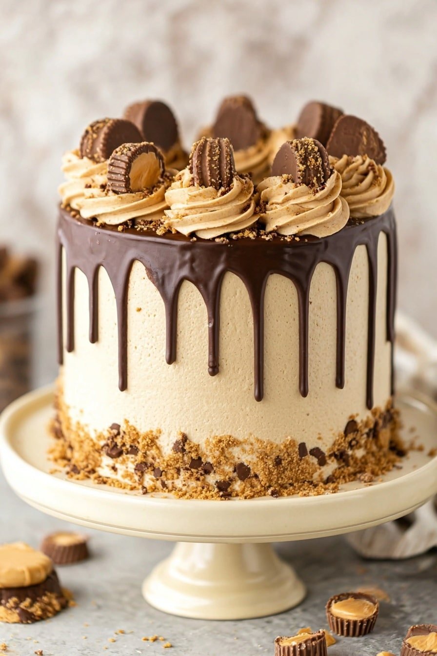 The image shows a tall, round cake with three smooth, creamy tan layers covered in light tan frosting. Dark chocolate ganache drips thickly over the top edges, creating long, uneven streams down the side. On the top surface, there are eight evenly spaced swirls of tan frosting, each decorated with sprinkled crumbs and half a chocolate peanut butter cup standing upright behind it. More crushed chocolate pieces are scattered on top between the swirls. The cake sits on a round pale gray cake stand with a white marbled texture background. Pieces of chocolate peanut butter cups are scattered around the bottom of the stand. Photo taken with an iphone --ar 2:3 --v 7