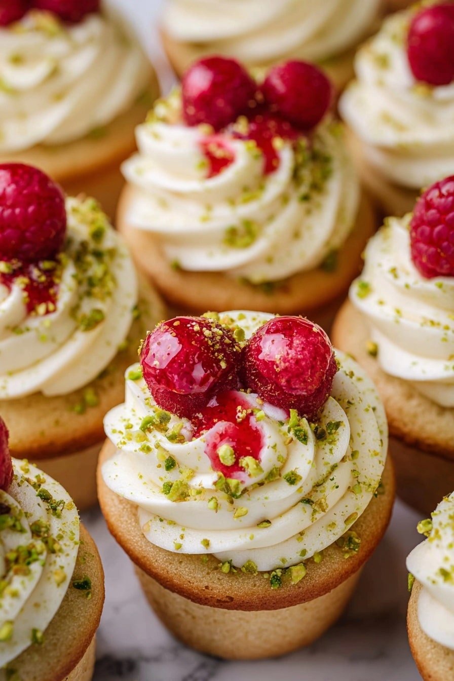 The image shows a close-up of small cupcakes arranged on a white marbled surface. Each cupcake has a light golden base with a moist texture and is topped with a thick layer of creamy white frosting. On top of the frosting, there is a dollop of bright red raspberry jam that looks glossy and slightly textured. Some cupcakes are garnished with fresh raspberries and sprinkled with crushed green pistachios, adding a pop of natural color. One cupcake is split open, revealing the soft crumb inside and the raspberry jam filling spread in the middle. The white paper liners around the cupcakes are slightly peeled back. photo taken with an iphone --ar 2:3 --v 7