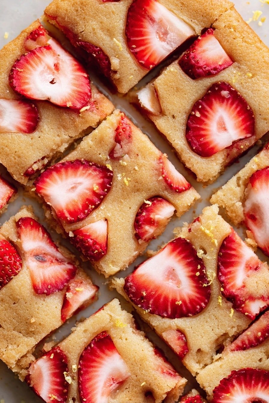 The image shows a close-up view of a baked golden brown cake cut into squares. On top, there are many thin, round slices of bright red strawberries with white centers, and some small triangular strawberry pieces scattered over the cake. The cake surface looks soft with a slight crumbly texture, and there are some light yellow zest sprinkles on top. The photo is taken on a white marbled texture surface. Photo taken with an iphone --ar 2:3 --v 7