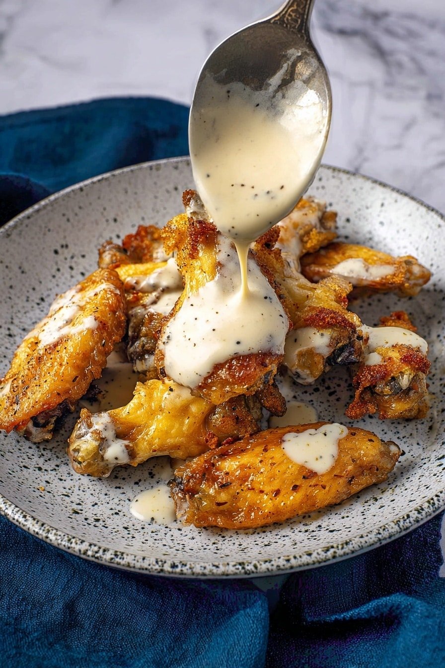 A speckled dark grey round plate filled with about twelve golden brown chicken wings arranged in a loose pile, showcasing shiny, textured, crispy skin with small black pepper and seasoning flakes visible. In the center of the plate is a small white cup filled with a creamy white dipping sauce. A woman's hand is dipping one wing into the sauce, adding a focus of interaction. The background shows a white marbled surface with scattered red chili flakes, with a crumpled dark blue cloth napkin near the top of the frame. photo taken with an iphone --ar 2:3 --v 7