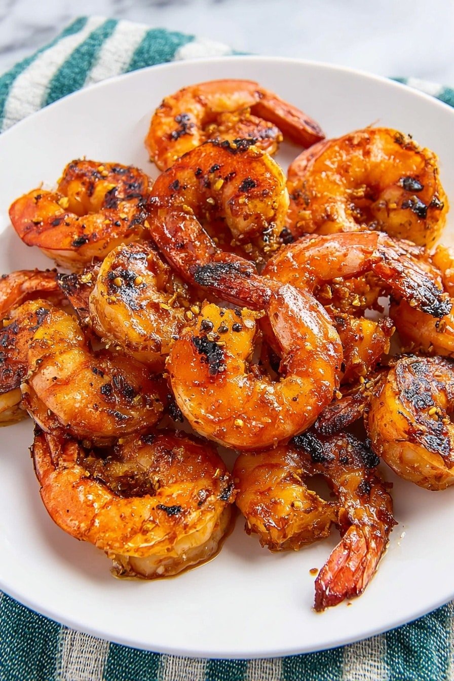 A white plate holds a pile of grilled shrimp with orange and reddish shells, some with charred black marks showing where they were grilled. The shrimp are arranged in a loose cluster, with their curled shapes overlapping. The shells glisten slightly with oil or marinade, and small bits of seasoning can be seen on the surface. The plate sits on a white marbled surface with a soft towel with red, white, and blue stripes just showing in the corner. Photo taken with an iphone --ar 2:3 --v 7