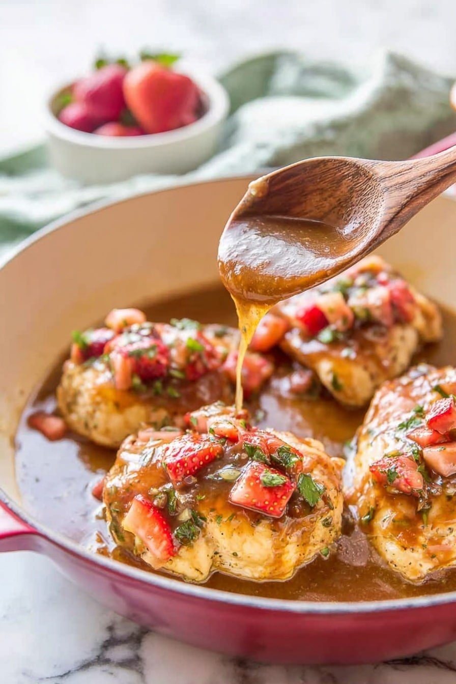 The image shows a white bowl with four large, thick pieces of cooked chicken. Each piece is topped with a colorful mix of chopped red bell peppers, herbs, and a shiny sauce with bits of onions, making the chicken look juicy and flavorful. A wooden spoon held by a woman's hand is pouring more brown sauce over the chicken, adding extra shine and depth to the dish. The background features a white marbled surface, and there is a small white bowl with some cherry tomatoes blurred out in the background. photo taken with an iphone --ar 2:3 --v 7