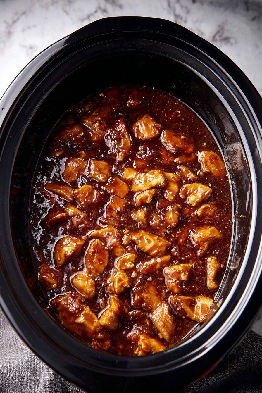 The image shows a black slow cooker filled with thick brown sauce and small pieces of cooked meat, some having a darker caramelized look while others are lighter and glossy, mixed evenly throughout the sauce layer. The sauce appears rich and slightly oily, covering all the meat pieces. The cooker sits on a white marbled surface, with a bit of a gray cloth visible underneath. The lighting highlights the glossy texture of the sauce and meat, bringing out the shine and depth of the colors photo taken with an iphone --ar 2:3 --v 7