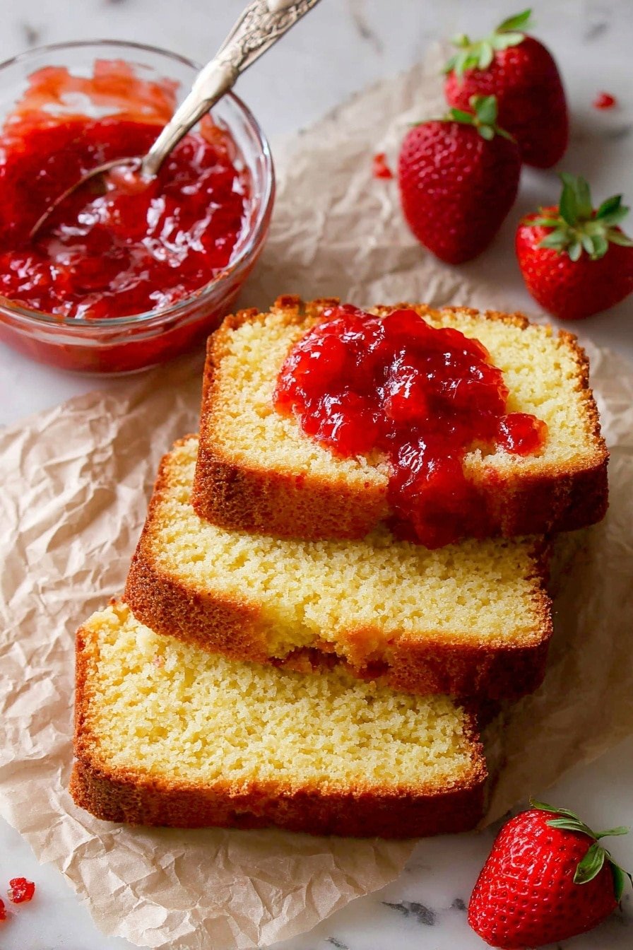 Three slices of golden brown pound cake with a rough texture are stacked on a white marbled surface, with the middle slice topped with bright red chunky strawberry jam, slightly spilling over the edges. Near the top left, a clear glass bowl filled with more strawberry jam reveals the chunky pieces inside, next to a spoon also coated in the jam. Two whole fresh strawberries, one at the bottom right and one near the bowl, add pops of red with green leaves, all arranged on crinkled parchment paper that contrasts with the white marbled surface. photo taken with an iphone --ar 2:3 --v 7