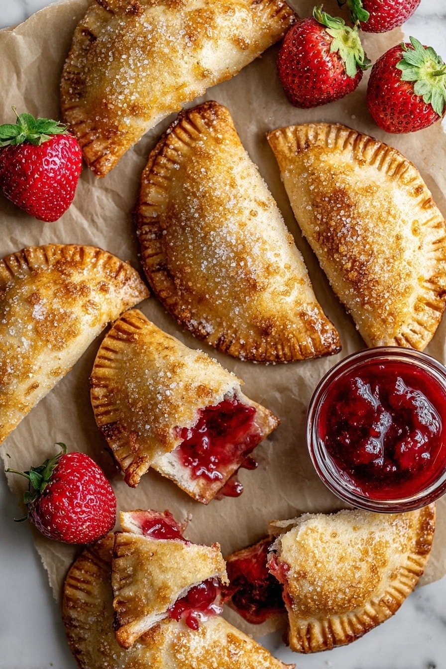 The image shows many half-circle shaped hand pies with a golden, crispy crust sprinkled with coarse sugar, some of which are whole and some broken open to reveal bright red strawberry filling inside. Near the pies, there are a few whole red strawberries with green tops, and a small glass bowl full of shiny, chunky red strawberry sauce. The pies and strawberries are placed on light brown parchment paper over a white marbled surface. photo taken with an iphone --ar 2:3 --v 7