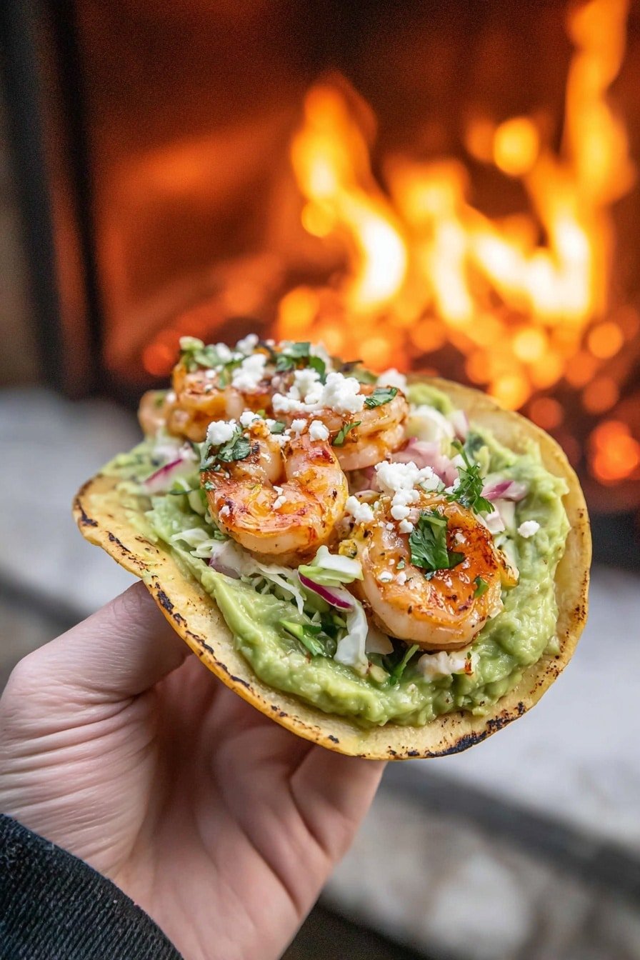The image shows four shrimp tacos served in a white plate lined with brown paper. Each taco has a soft, slightly charred tortilla folded in half, filled with fresh, shredded green cabbage at the base, followed by chunks of bright green avocado. On top, there are multiple cooked shrimp with a reddish-orange color, arranged in a neat layer. A light drizzle of creamy white sauce covers the shrimp and some crumbled white cheese is sprinkled over everything. The tacos are garnished with small bits of green herbs scattered across the dish. The background is a white marbled surface with a small bowl of extra crumbled cheese visible in the corner photo taken with an iphone --ar 2:3 --v 7