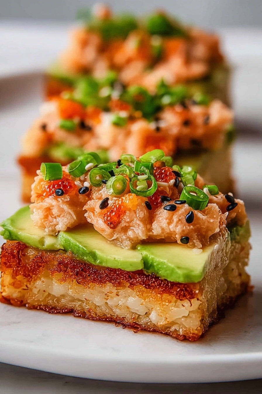 The dish shows three pieces of food arranged on a white plate with a white marbled texture background. Each piece has three layers: the bottom layer is a crispy, golden-brown rectangular base with a crunchy texture, the middle layer is made of bright green avocado slices neatly placed side by side, and the top layer consists of a creamy orange-colored mixture with small chunks, garnished with chopped green onions and black and white sesame seeds. The focus is on the front piece, showing the textures and colors clearly, while the two pieces in the background are slightly blurred. Photo taken with an iphone --ar 2:3 --v 7