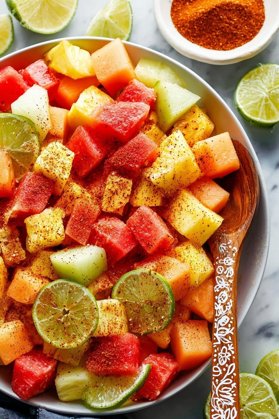 The image shows a close-up of a fruit salad in a white bowl filled with three main layers of diced fruits: red watermelon, orange cantaloupe, and pale green honeydew, mixed with bright yellow pineapple chunks. The fruits are sprinkled with a reddish-brown spice that covers the top layer unevenly. Several green lime wedges with white flesh are placed on top and around the edges of the bowl. A wooden spoon with carved white patterns rests partially inside the bowl on the right side. The setting is on a white marbled surface, with a small white bowl containing the same reddish-brown spice mix nearby and some halved limes visible in the background. Photo taken with an iphone --ar 2:3 --v 7