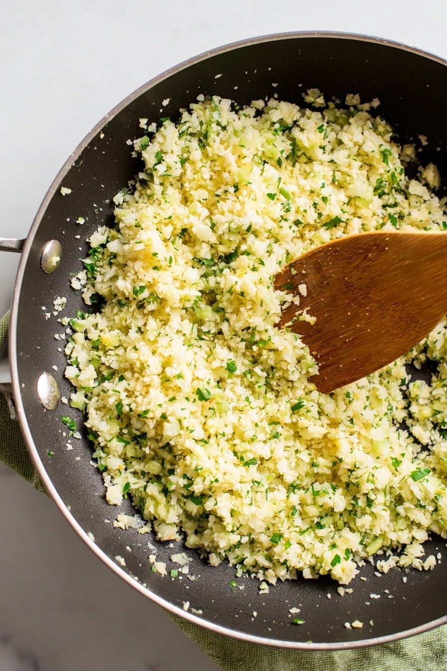 A close-up of a white pan with small cooked pieces of light yellow and green cauliflower rice, mixed with finely chopped herbs, creating a textured look. A wooden spoon is gently stirring the mixture, positioned at the upper right side of the pan. The background is a clean white marbled surface, adding brightness to the image. photo taken with an iphone --ar 2:3 --v 7