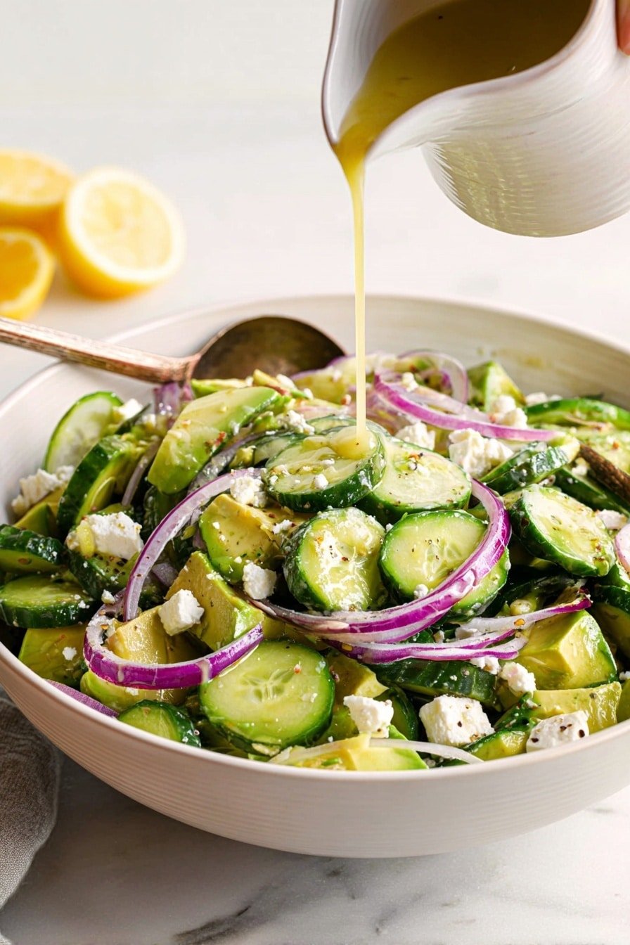 A white bowl filled with a fresh salad showing three clear layers: the bottom layer is a mix of green lettuce and spinach, the middle layer has many round slices of light green cucumber, and the top layer is decorated with peeled yellow-green avocado cubes, thin rings of purple onion, and small white crumbles of cheese, all sprinkled with green dill and black pepper. A woman's hand is holding the edge of the bowl while another woman's hand stirs the salad with a wooden spoon. The bowl sits on a white marbled surface with a small piece of lemon and a green herb visible in the background. Photo taken with an iphone --ar 2:3 --v 7