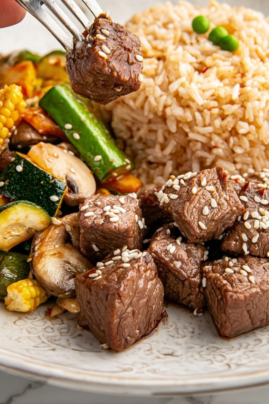 On an ornate white plate with a white marbled texture background, there are three main layers: tender brown cubes of cooked beef sprinkled with white sesame seeds at the bottom right, a mix of sautéed green zucchini pieces and light brown mushroom slices with white onion slices positioned behind the beef to the left, and a mound of golden-brown fried rice with green peas and small bits of orange carrot to the right of the vegetables. A small round metal sauce cup filled with a dark brown liquid is placed at the bottom right edge of the plate near the beef. A pair of brown chopsticks lies behind the plate slightly blurred. Photo taken with an iphone --ar 2:3 --v 7