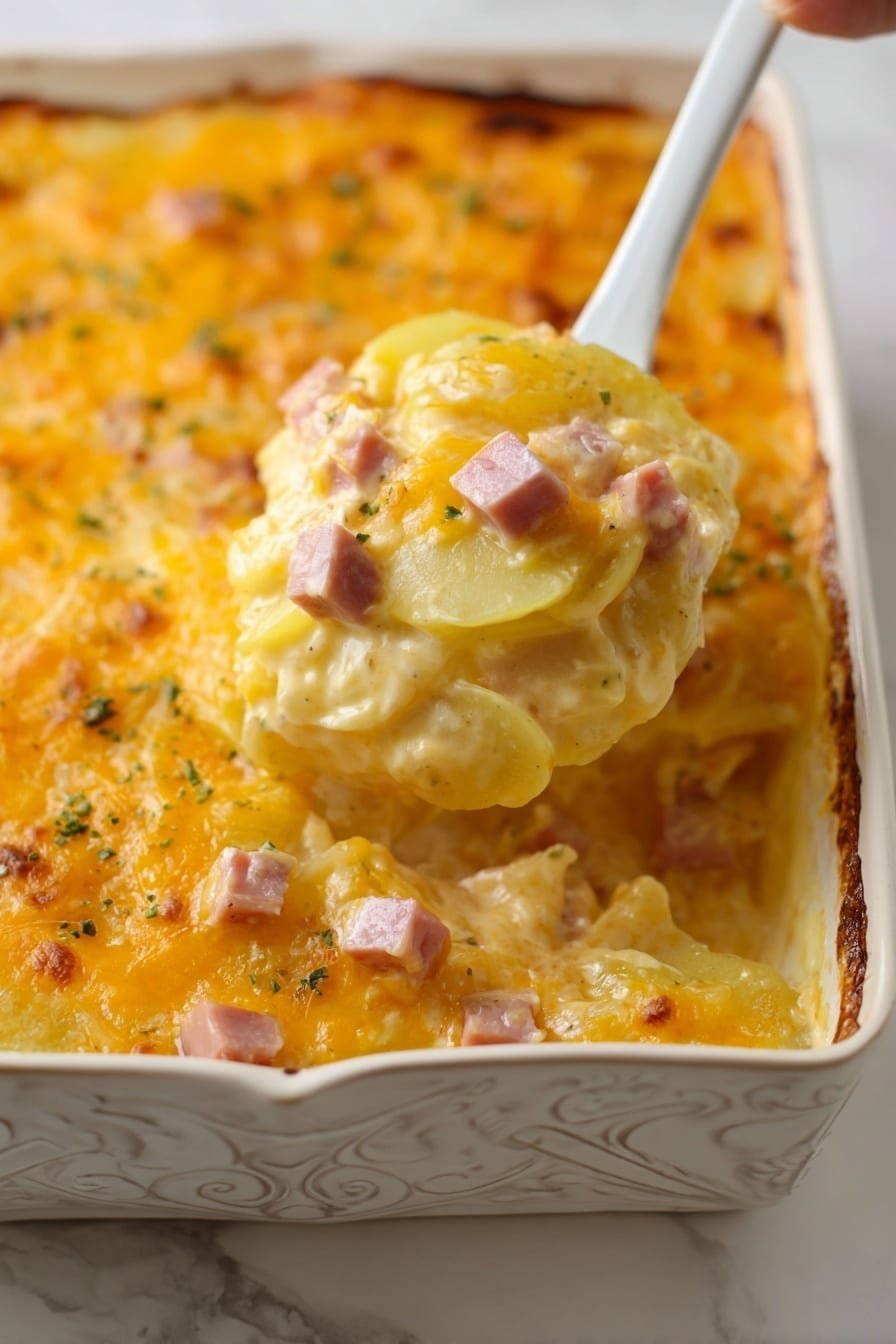 The image shows a creamy cheesy casserole in an ornate white rectangular dish on a white marbled surface. The casserole has several layers starting with thin, pale yellow potato slices at the bottom, covered by a thick mix of creamy, light yellow cheese sauce with small cubes of pink ham scattered throughout. The top layer is a rich, melted orange-yellow cheese crust, sprinkled with tiny green herb bits. A wooden spoon held by a woman's hand scoops a portion of the cheesy, ham-filled potatoes from the dish, showing the soft texture and melted cheese inside. photo taken with an iphone --ar 2:3 --v 7