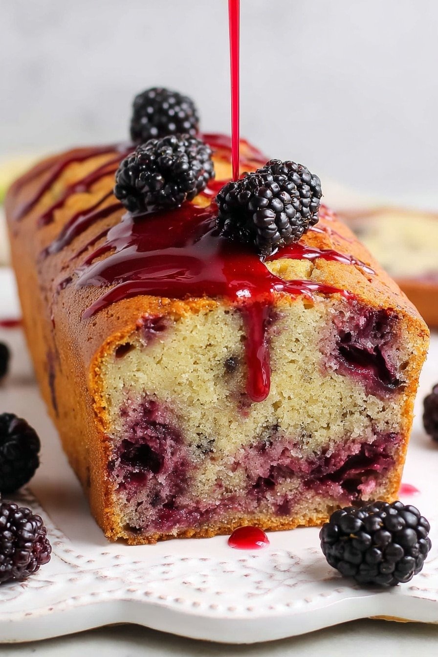 The image shows a thick loaf cake with a light golden brown top and a soft, spongy interior filled with bits of purple-black berries, giving the inside a mixed light yellow and dark purple texture. On top of the loaf, shiny red berry sauce is being poured, dripping down the side and pooling slightly at the base. Three fresh blackberries sit on top of the cake where the sauce is poured, and a few more blackberries are scattered around the ornate white surface with a white marbled texture in the background. The photo taken with an iphone --ar 2:3 --v 7