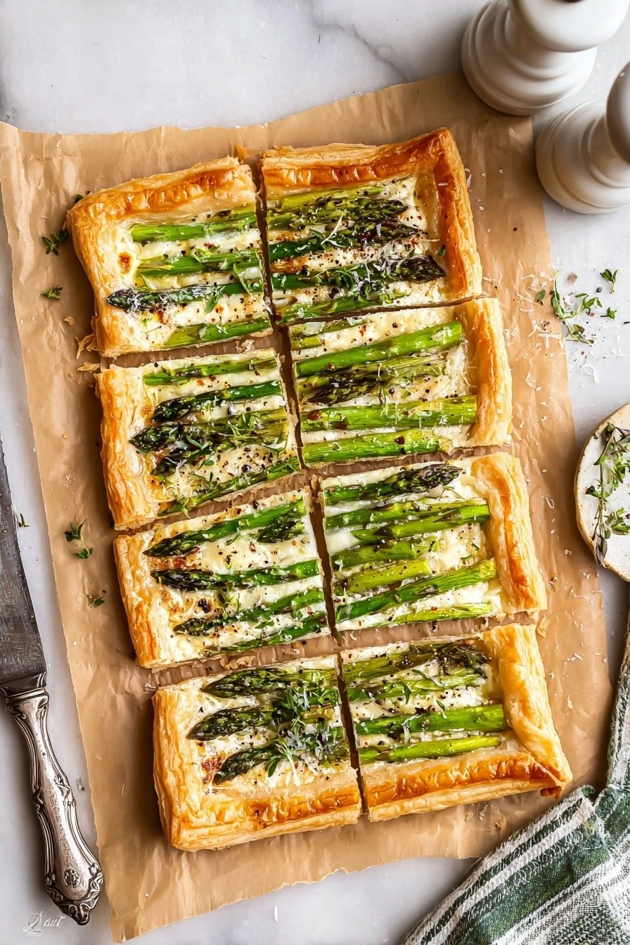 The image shows a rectangular golden-brown puff pastry tart cut into six pieces and placed on light brown parchment paper. The tart has a flaky crust that is puffed around the edges. On top is a creamy layer of melted cheese with a slightly uneven texture, and bright green asparagus spears arranged neatly in parallel lines across each piece. Some small black pepper flakes and bits of herbs are scattered on the cheese, adding texture and contrast. The tart is placed on a white marbled surface with a wooden pepper grinder in the top right corner and a grey-striped cloth with a vintage silver knife on the left side. photo taken with an iphone --ar 2:3 --v 7
