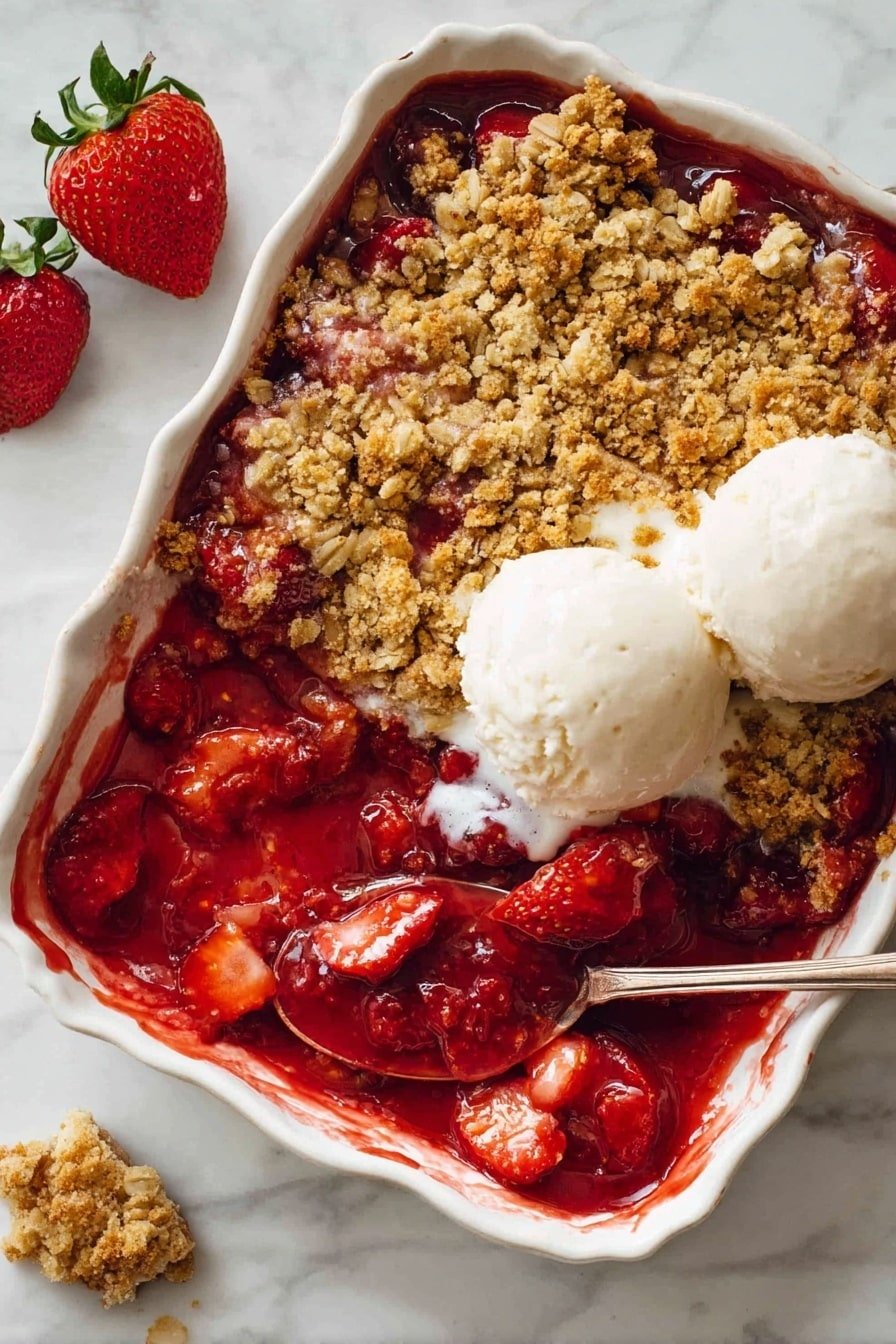 The image shows an ornate white oval dish filled with a layered strawberry dessert on a white marbled surface. The bottom layer is a bright red, glossy strawberry filling featuring whole strawberries and a thick, juicy texture. On top of the strawberry layer is a golden-brown crumbly oat topping with a rough texture, sprinkled unevenly. On one side of the dish, there are two scoops of creamy white ice cream slowly melting onto the oat topping and strawberry filling. A silver spoon rests inside the dish, partially submerged in the dessert. Two whole strawberries and a small piece of crumb topping are on the white marbled surface near the dish. Photo taken with an iphone --ar 2:3 --v 7