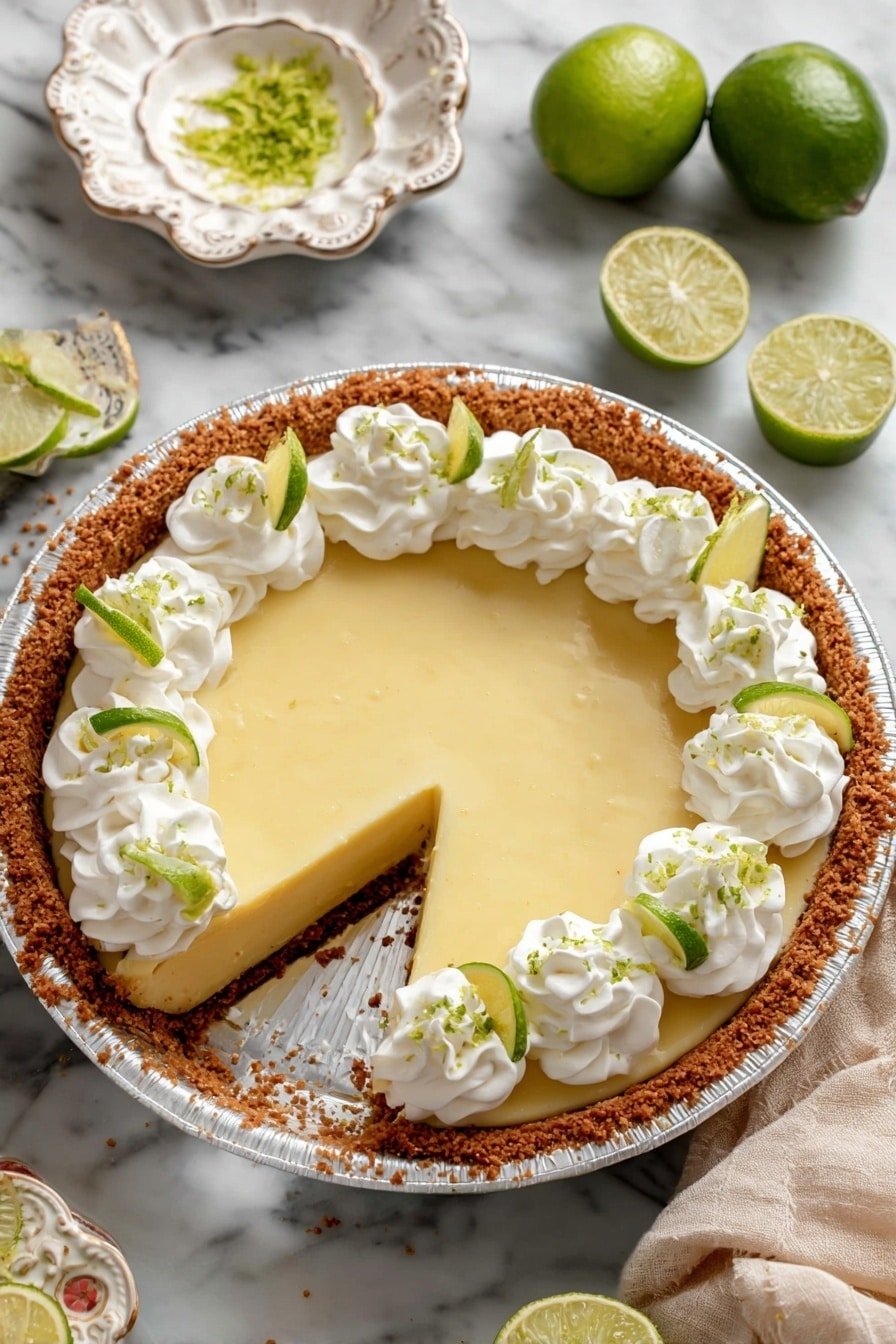 A round pie is shown with three layers: a dark brown crumbly crust on the outside edge, a smooth, creamy yellow filling in the middle, and a ring of white whipped cream dollops around the top edge, each topped with a small green lime wedge. One slice of pie is partially taken out and held by a shiny silver pie server. The pie is in a clear glass pan on a white marbled surface, with a green cloth and a whole and half lime nearby. A small ornate white dish with green zest is in the background. Photo taken with an iphone --ar 2:3 --v 7