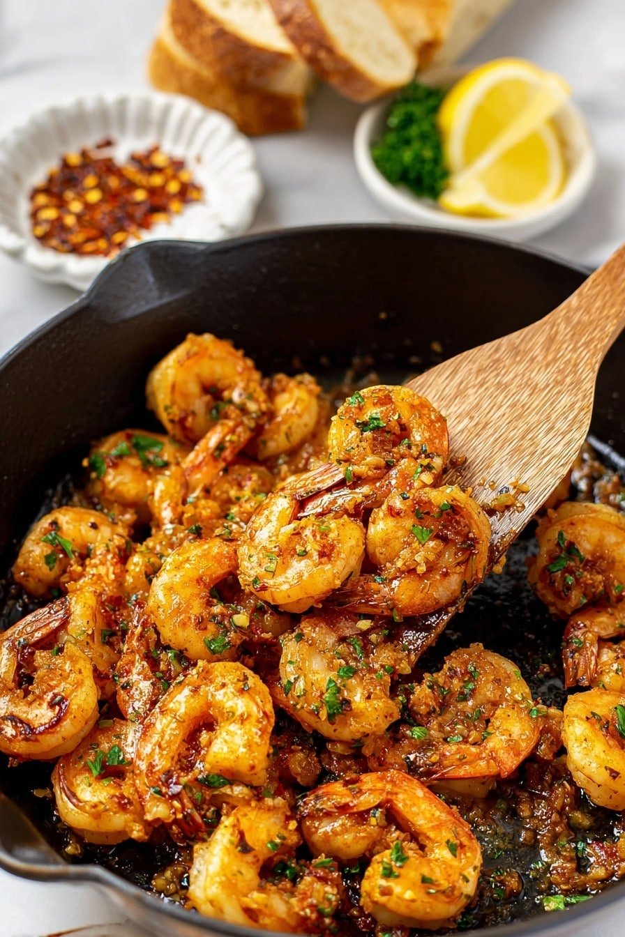 In a black cast iron pan filled with golden brown cooked shrimp, each shrimp is coated with small pieces of garlic and herbs, showing a crispy texture with a warm orange and brown color. A wooden spatula lifts some shrimp from the pan, showing a close-up of the layered shrimp piled up. In the background, there is a small ornate white dish with reddish chili flakes, a piece of crusty brown bread, and a small plate holding a lemon wedge and green parsley on a white marbled texture. photo taken with an iphone --ar 2:3 --v 7