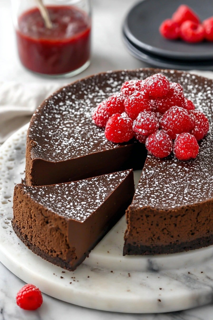 A chocolate tart with a thick, smooth dark chocolate filling and a firm, textured chocolate crust. The tart has one slice removed, showing the even layers. On top, there is a small pile of bright red raspberries dusted with white powdered sugar, which is also sprinkled lightly over the tart surface. The tart sits on a ornate white round plate placed on a white marbled surface. In the background, there is a glass container with red sauce and a few loose raspberries nearby. Photo taken with an iphone --ar 2:3 --v 7