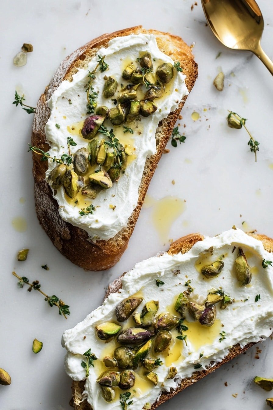 Two slices of crusty bread lie on a white marbled surface, each topped with a thick, fluffy layer of white cream cheese spread unevenly. Scattered on top are whole, greenish-brown pistachios and small sprigs of fresh thyme adding fresh green touches. Light yellow oil is drizzled over the cheese, creating shiny spots, with some drops of oil and extra pistachios scattered around the bread. In the top right corner, a golden spoon rests on the white marbled surface, hinting at the spreading process. photo taken with an iphone --ar 2:3 --v 7