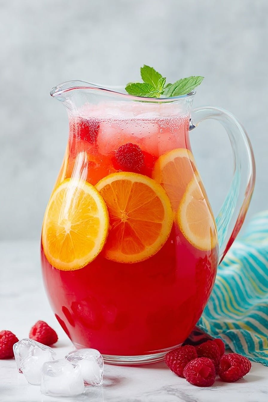 A clear glass pitcher filled with a red drink is shown, with a layer of round lemon slices evenly placed around the middle inside the pitcher, each slice a mix of yellow and light orange with visible segments. On top of the drink is a light pink layer with tiny bubbles and several raspberries floating inside. A small green mint leaf is placed on the surface inside the pitcher, standing out clearly. Outside the pitcher on the white marbled texture surface are several pieces of ice with a few raspberries scattered near them, and a striped green and white cloth is partially visible to the right. photo taken with an iphone --ar 2:3 --v 7