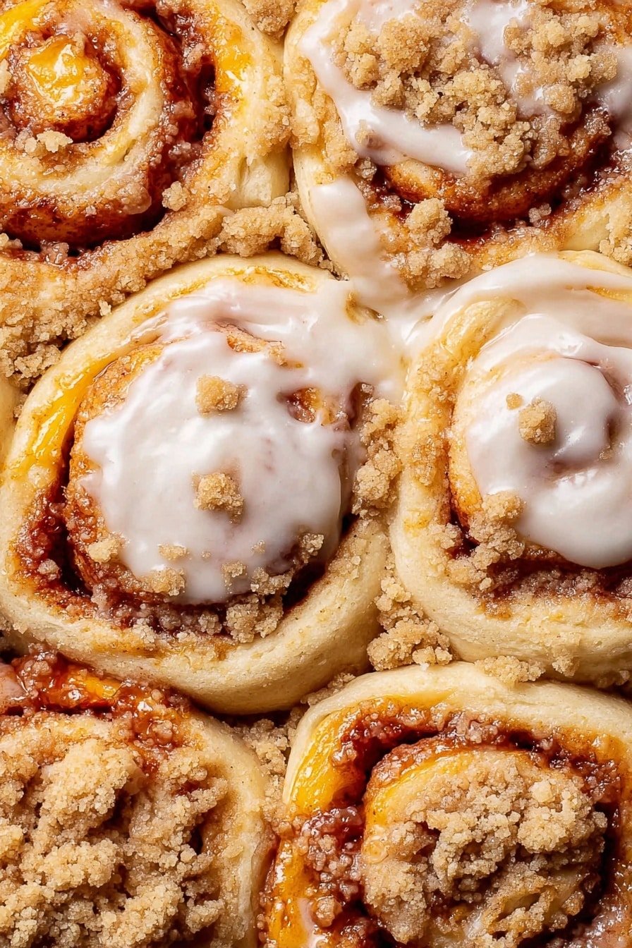 The image shows a close-up of several cinnamon rolls arranged tightly together, each roll having a golden-brown baked dough with swirls of cinnamon and a sprinkling of crumbly streusel topping. Some rolls are covered with a smooth, creamy white icing that melts slightly over the soft dough layers, adding a glossy texture. The colors vary from light tan to rich caramel, with visible layers of dough and cinnamon spice inside each roll. The background is not very visible but suggested to be a white marbled texture. photo taken with an iphone --ar 2:3 --v 7