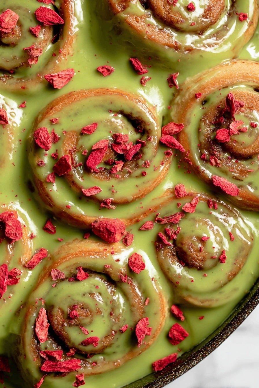 This image shows a close-up of seven cinnamon roll spirals in a pan, each roll covered generously with a thick, smooth green glaze that pools around the base of the rolls. The green glaze has a creamy texture and looks slightly shiny under the light. Scattered on top of the glaze are small pieces and slices of freeze-dried strawberries, adding bright red pops of color and a rough, crumbly texture contrasting with the smooth glaze. The cinnamon rolls are golden brown with visible swirls of dough and cinnamon inside each spiral, and the edges are slightly darker from baking. The background is a white marbled texture. photo taken with an iphone --ar 2:3 --v 7