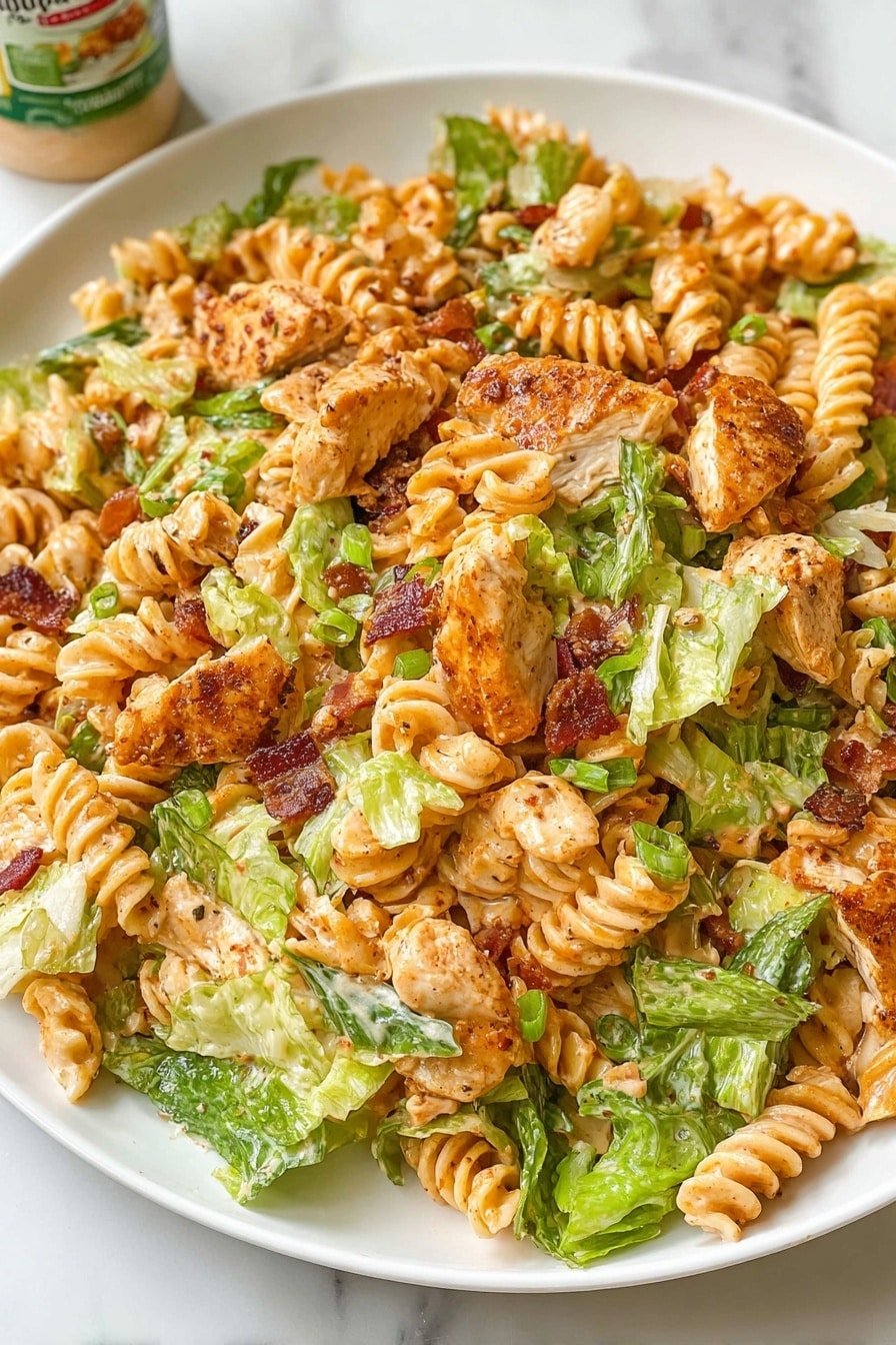 A white plate filled with a mixed salad and pasta dish that has three main layers: a base of twisted rotini pasta in a light orange creamy sauce, scattered with crispy green lettuce leaves adding fresh green color, and topped with golden-brown cooked chicken pieces that have a slightly crispy texture. Small bits of green onions and crunchy bacon pieces are mixed throughout, adding specks of dark green and reddish-brown. The dish looks creamy and well mixed with a range of textures from soft pasta, crispy lettuce, and tender chicken, all on a white marbled surface. Photo taken with an iphone --ar 2:3 --v 7
