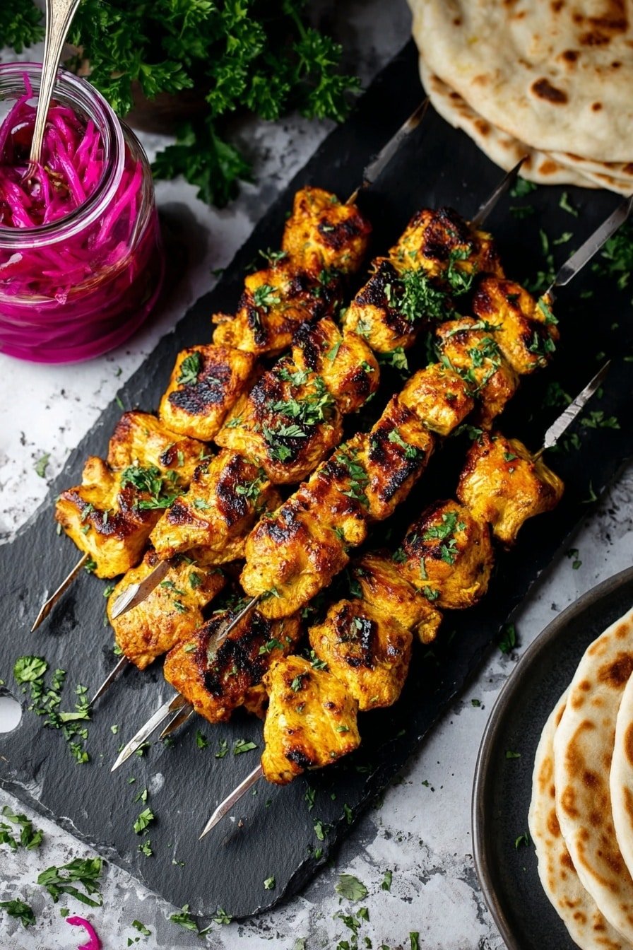 The image shows six skewers of grilled golden-brown chicken pieces with visible char marks, sprinkled with chopped green herbs, arranged on a black slate board. Around the board, there is a white marbled surface with a jar of vibrant purple pickled onions with a spoon inside at the top left, some green parsley on the right, and a stack of round flatbreads with light brown toasted spots on a dark plate at the top right. The setting gives a fresh and inviting look. photo taken with an iphone --ar 2:3 --v 7