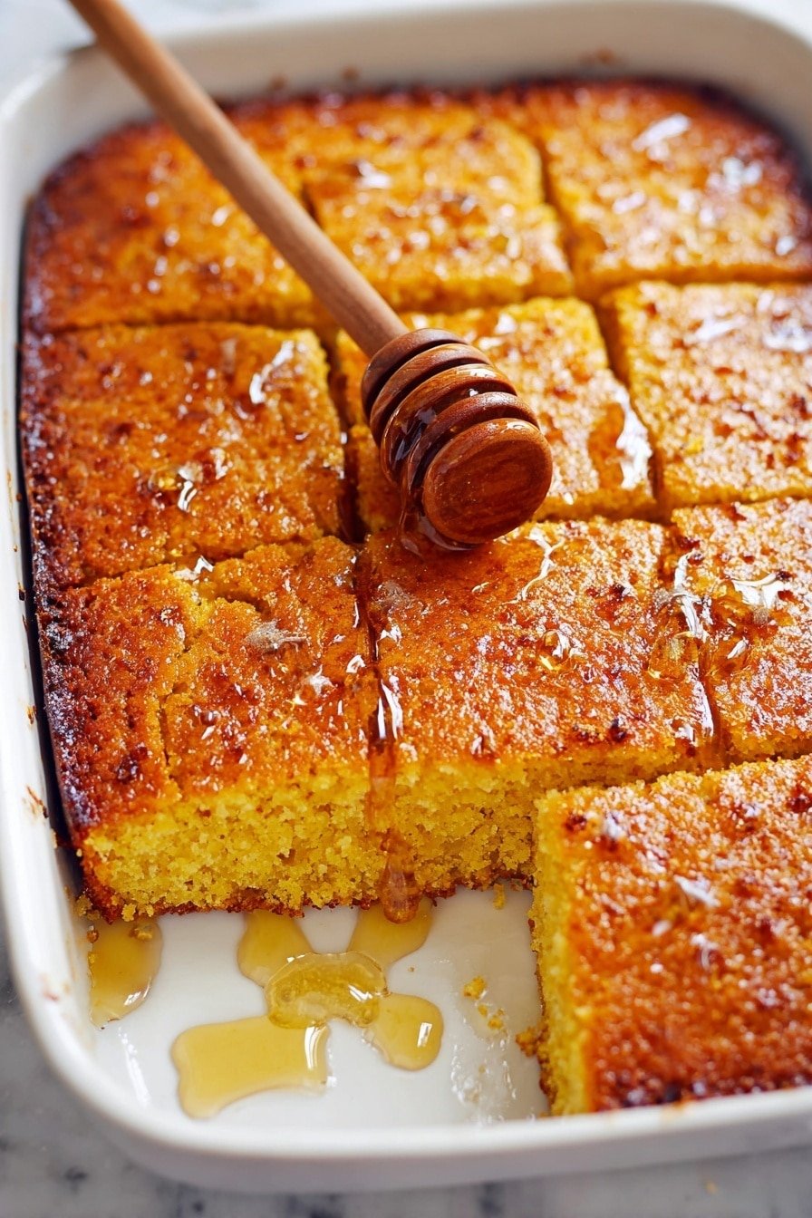 The image shows a white baking dish with a golden brown cornbread cut into nine squares, with one square slightly removed. The cornbread has a textured surface with a glistening drizzle of honey on top that catches the light, giving it a shiny, sticky look. A wooden honey dipper rests diagonally on the dish, with honey dripping from it onto the cornbread. The edges of the cornbread are darker and crisp, contrasting with the softer-looking inner part. The dish sits on a white marbled surface. photo taken with an iphone --ar 2:3 --v 7