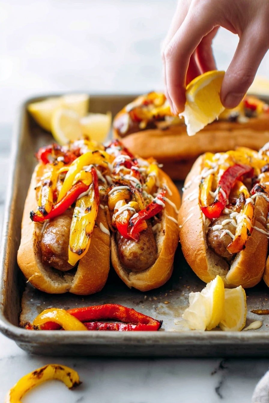 The image shows three sausage sandwiches on a metal tray with a white marbled surface underneath. Each sandwich has a golden brown bun as the base, with a sausage placed inside. On top of the sausages, there are cooked strips of red and yellow bell peppers with some slight charring. Drizzled over the peppers and sausages is a creamy white sauce in thin lines. A woman's hand is seen squeezing a lemon wedge over one of the sandwiches. Some lemon wedges and extra grilled peppers are scattered around the tray. The photo taken with an iphone --ar 2:3 --v 7