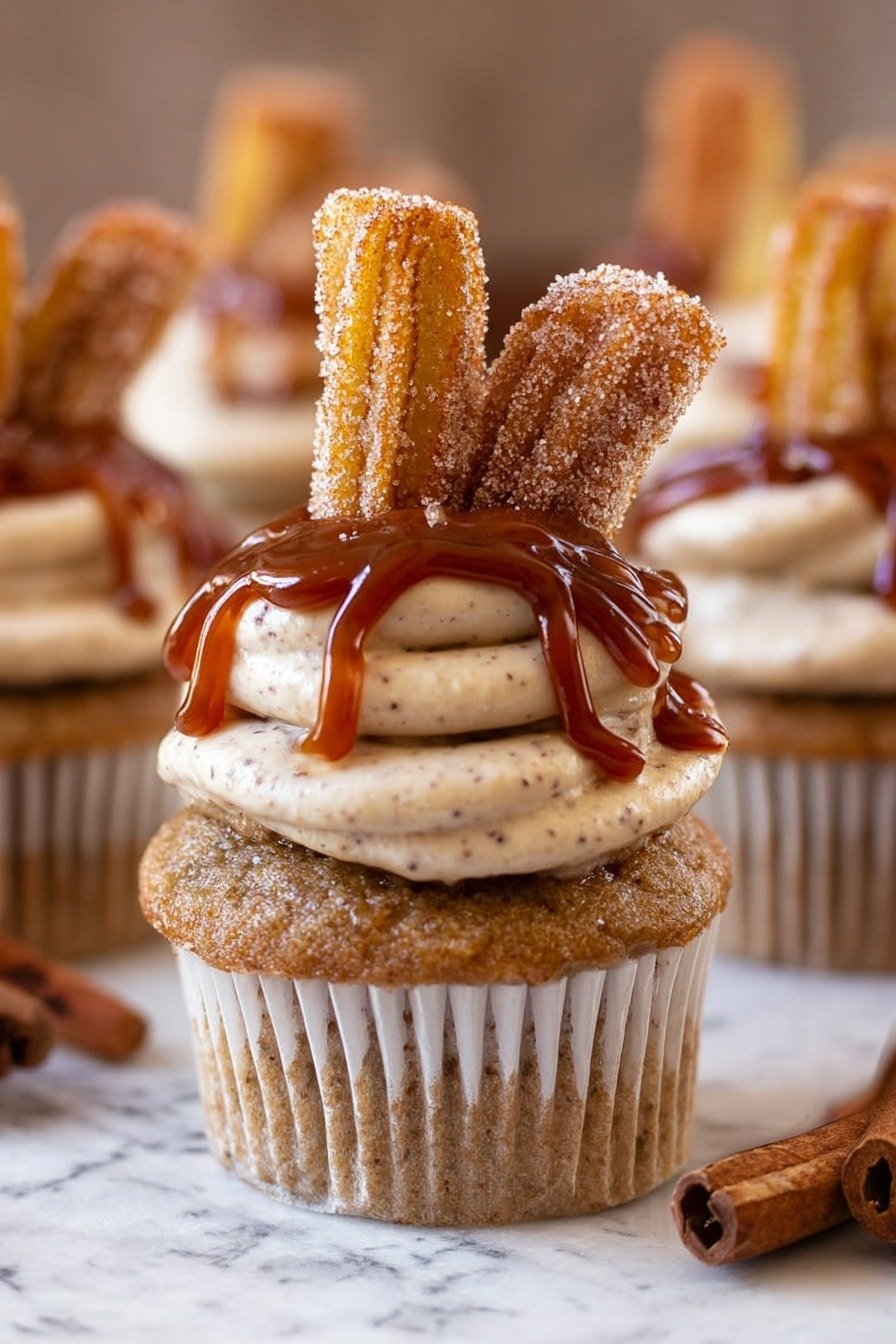 A light brown cupcake with a fine grainy texture forms the base, wrapped in a white paper liner; on top is a smooth swirl of creamy beige frosting with tiny dark specks, shaped into several layers of soft peaks. Over the frosting is a shiny, thick drizzle of dark caramel sauce that drips naturally down the sides. Sitting at an angle on the frosting is a small, golden brown fried churro piece dusted with sugar, showing crispy ridges and a slightly rough texture. The background shows more similar cupcakes blurred, all on a white marbled surface with two cinnamon sticks visible in one corner. photo taken with an iphone --ar 2:3 --v 7