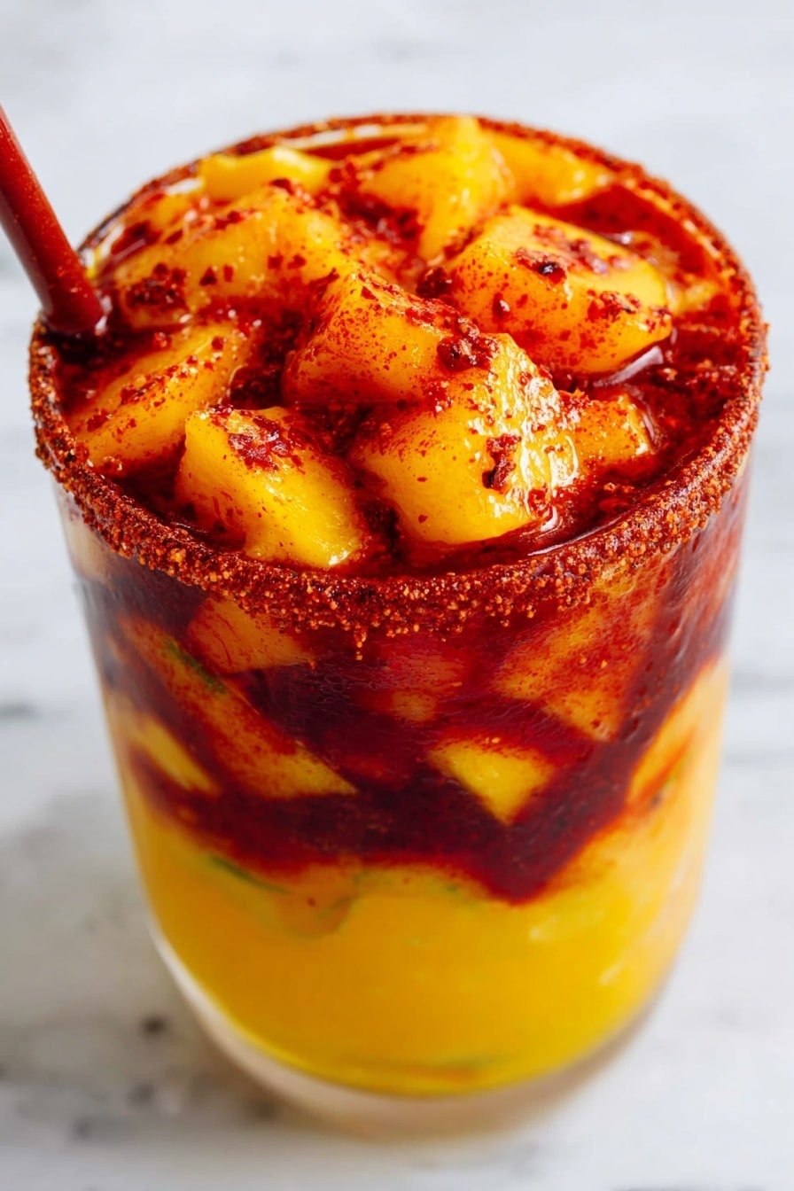 The image shows a close-up of a clear glass filled with a bright yellow mango drink swirled with thick red chili sauce inside, creating a marbled effect. The glass rim is coated with a dark reddish chili powder, giving it a textured look. On top, there are small chunks of fresh mango mixed with more red sauce and a sprinkle of chili powder. A single yellow straw, also covered in chili powder near the top, stands inside the glass. In the background, two more identical glasses sit on a white marbled surface, slightly blurred, alongside a small lime wedge in the front. Photo taken with an iphone --ar 2:3 --v 7