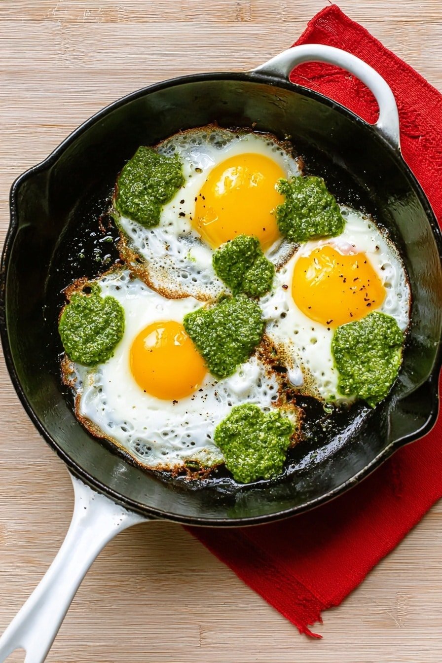The image shows three fried eggs in a black cast iron pan with a red handle, placed on a white marbled surface. Each egg has a bright yellow yolk, surrounded by white cooked egg whites, with some uneven edges. Around and touching the eggs, there are dollops of green sauce or paste, spread unevenly, adding texture and color contrast. The pan’s black interior makes the colors of the eggs and green sauce stand out clearly. Photo taken with an iphone --ar 2:3 --v 7