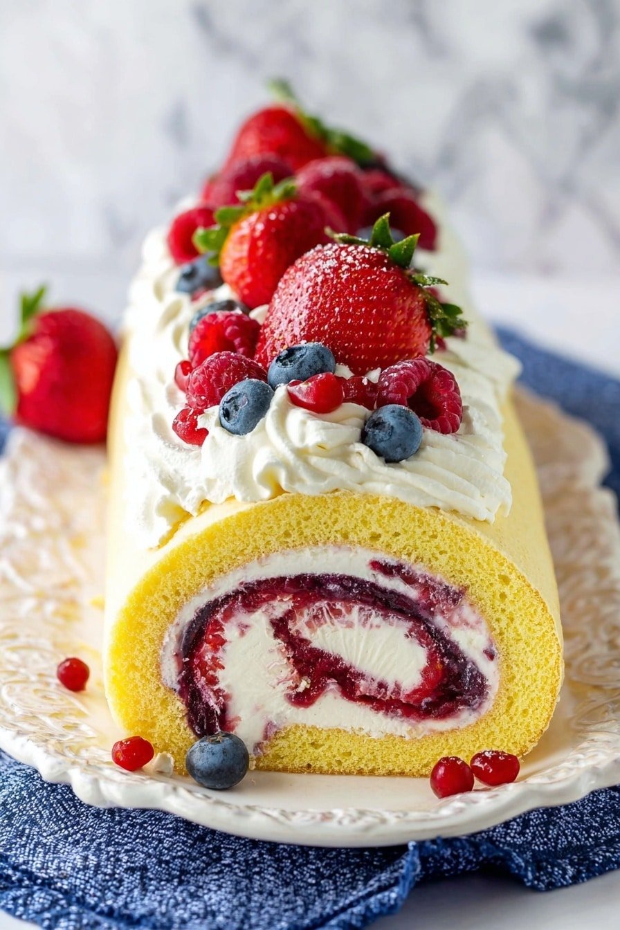 The image shows a rolled cake with three visible layers: a light yellow sponge cake on the outside with a soft, fluffy texture; a middle layer of white cream swirled with dark red berry jam creating a marbled effect; and a topping of thick white cream on top. The cake is decorated with full strawberries, halved strawberries, blueberries, and small red raspberries arranged along the cream layer on top. It sits on an ornate white plate placed on a red cloth with a white marbled surface background. Photo taken with an iphone --ar 2:3 --v 7