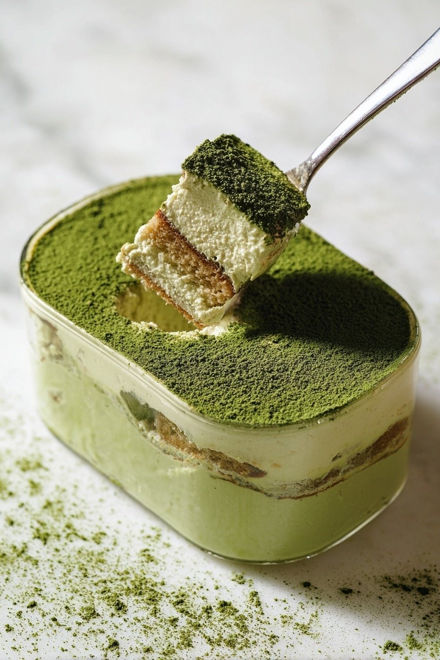 A square clear glass cup shows a layered dessert with three visible layers: a bottom layer of light green creamy mousse, a middle layer of light brown soft cake, and a top layer of pale green mousse covered with a thick dusting of fine dark green powder. A golden spoon is inserted into the dessert, lifting a small piece of the top mousse and cake. The dessert sits on a white marbled surface with scattered green powder around the cup. photo taken with an iphone --ar 2:3 --v 7