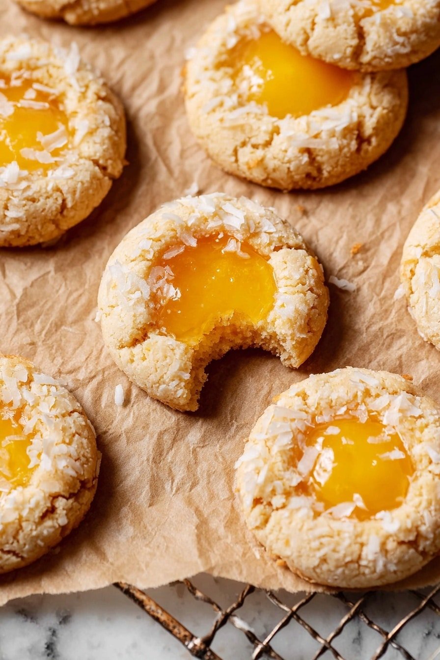The image shows several round cookies with a cracked light beige texture and a glossy bright yellow center that looks like a fruit jelly or jam. The cookies have a crumbly surface with some small pieces of what looks like shredded coconut or a similar ingredient on top near the yellow center. One cookie in the middle is missing a small bite, showing a soft inside. They are placed on crinkled brown parchment paper on top of a white marbled surface with a metal cooling rack visible at the bottom right. photo taken with an iphone --ar 2:3 --v 7