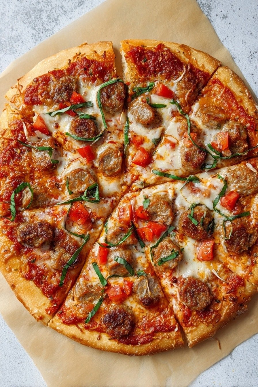 A round pizza with a thick, golden-brown crust on the outside, topped with a bright red tomato sauce layer, melted white and light golden cheese spread evenly, slices of brown sausage scattered throughout, small cubes of fresh red tomatoes, and thin green basil strips laid over the top. The pizza is cut into eight slices and placed on white parchment paper, all set on a white marbled texture. Photo taken with an iphone --ar 2:3 --v 7